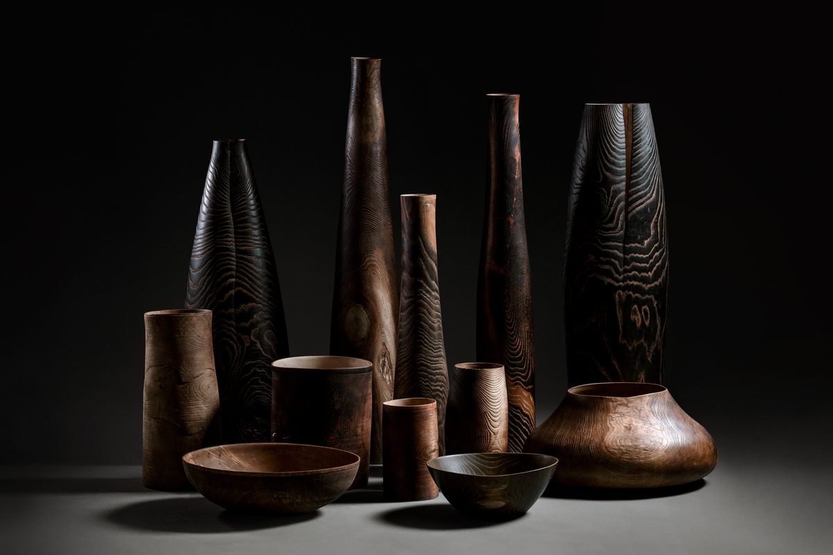 Group of turned wooden vessels
