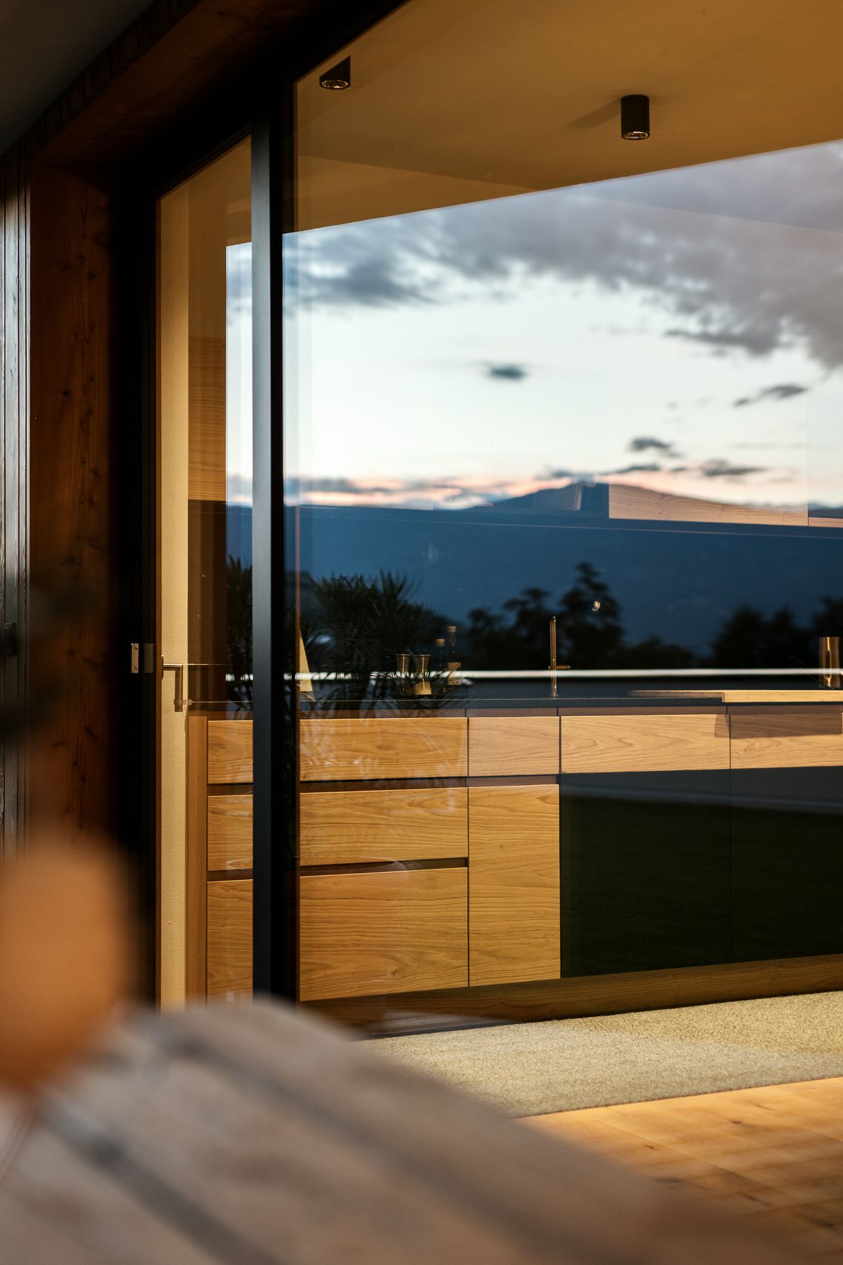 View through the glass door into the evening sky