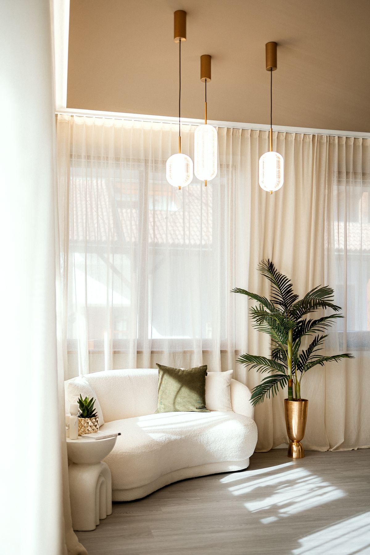 Sofa and palm by the window