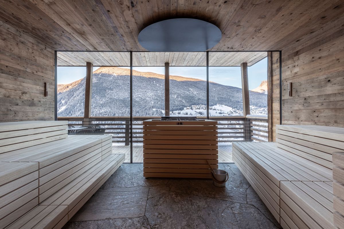 Panoramic sauna with mountain views