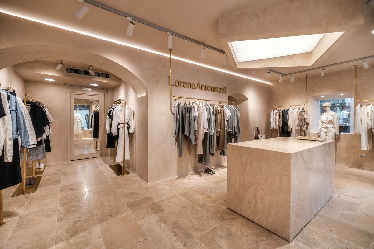 Boutique with counter and clothing rails