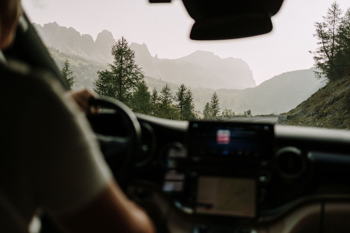 View through the windscreen to the mountains