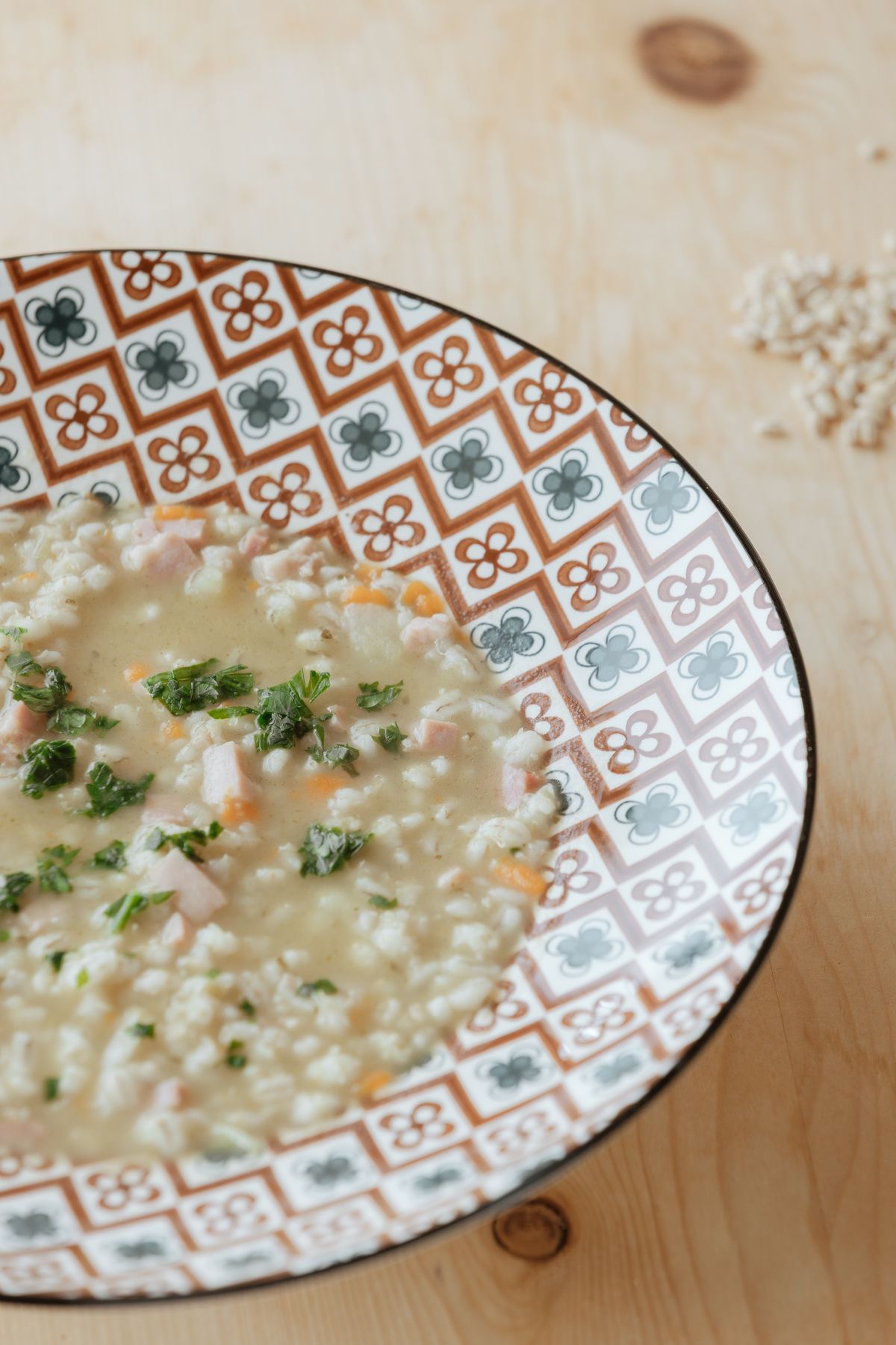 Barley soup in a patterned bowl