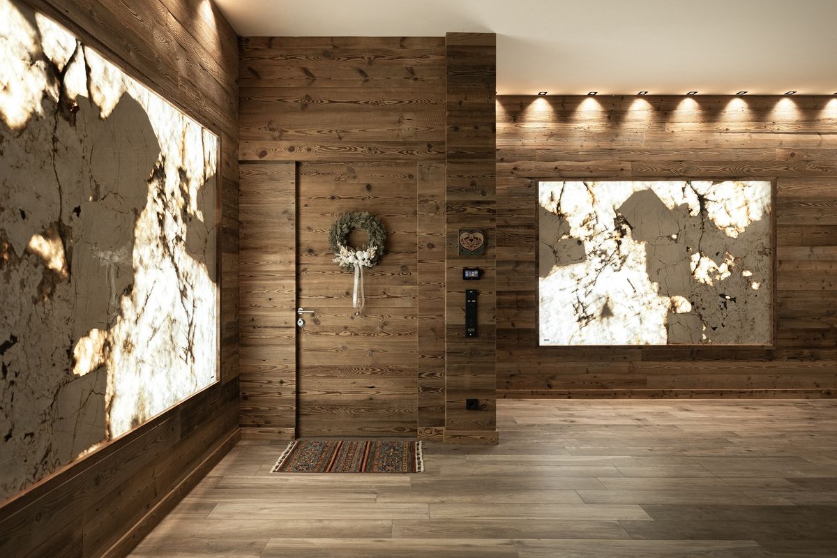 Hallway with backlit stone slabs