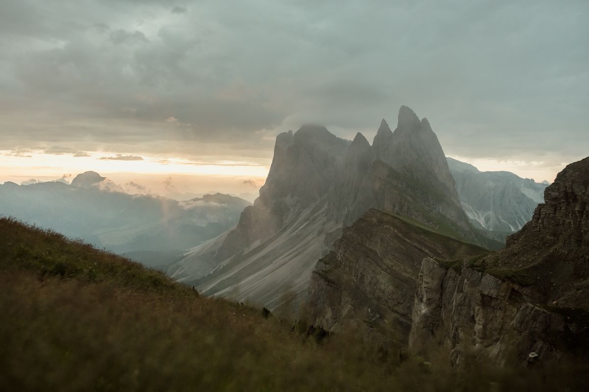 Morning light over the Odle peaks seen from Seceda